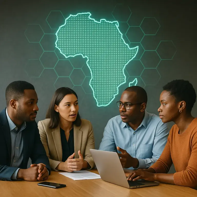 Four African professionals collaborate at a modern table with a glowing digital map of Africa and blockchain hexagons projected on the wall behind them.