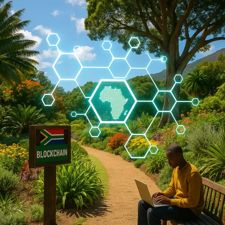 A young African man uses a laptop on a bench in a botanical garden, with digital blockchain hexagons and a glowing Africa map floating above vibrant plants.