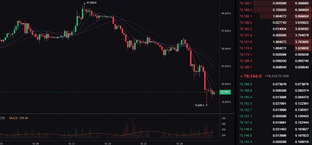 Bitcoin price chart showing high volatility during market corrections and rebounds.